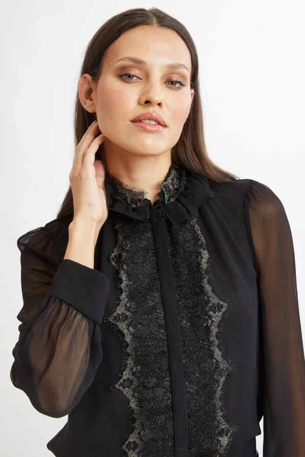 Elie Tahari Tops & Sweaters | Suiting-Metallic Lace Trim Silk Shirt