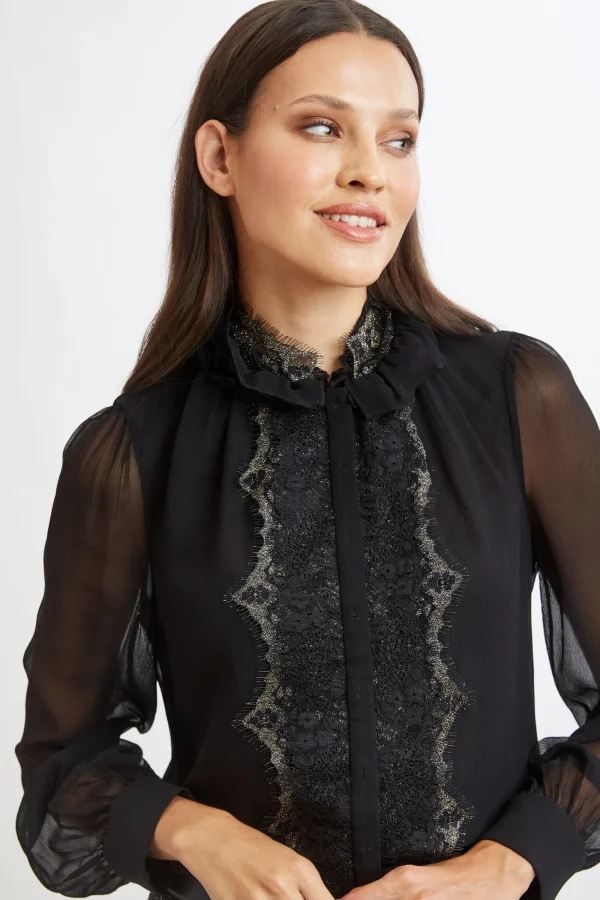 Elie Tahari Tops & Sweaters | Suiting-Metallic Lace Trim Silk Shirt