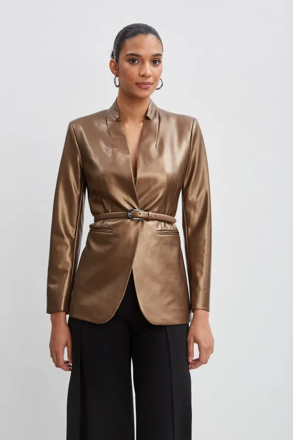 Elie Tahari Jackets & Blazers-Metallic Vegan Leather Belted Blazer