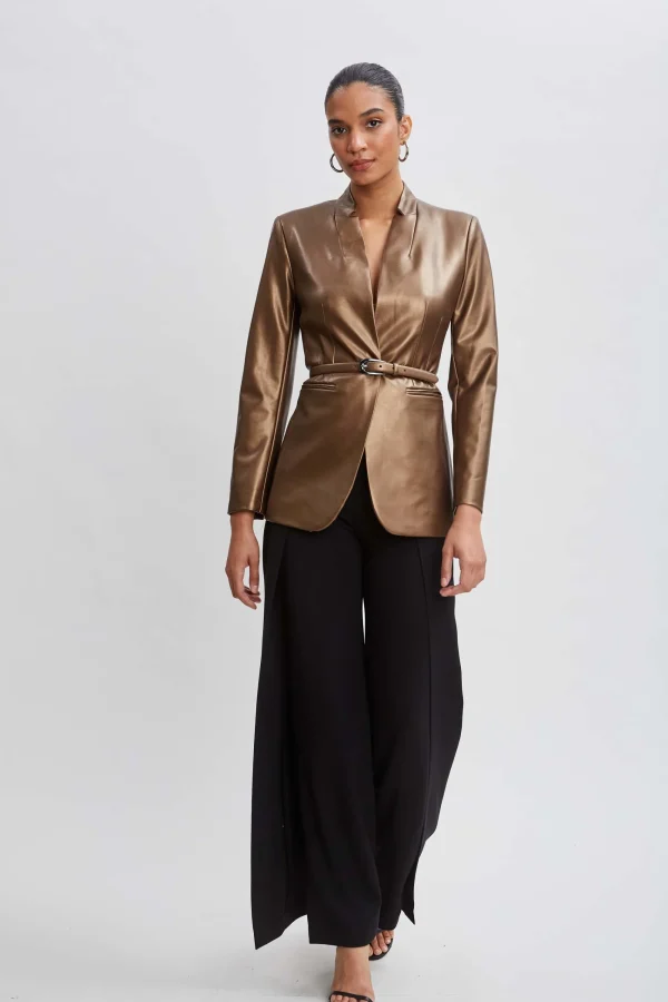 Elie Tahari Jackets & Blazers-Metallic Vegan Leather Belted Blazer