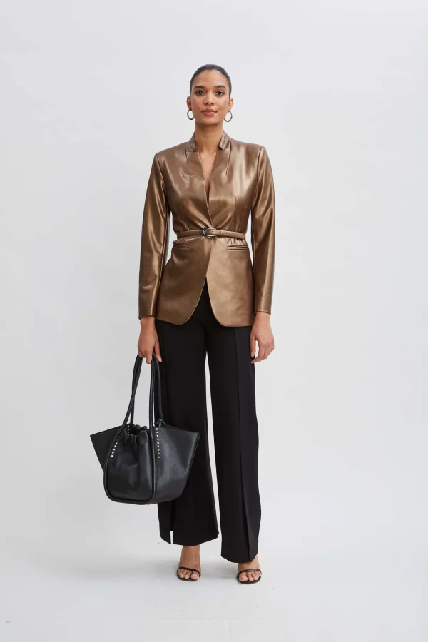 Elie Tahari Jackets & Blazers-Metallic Vegan Leather Belted Blazer