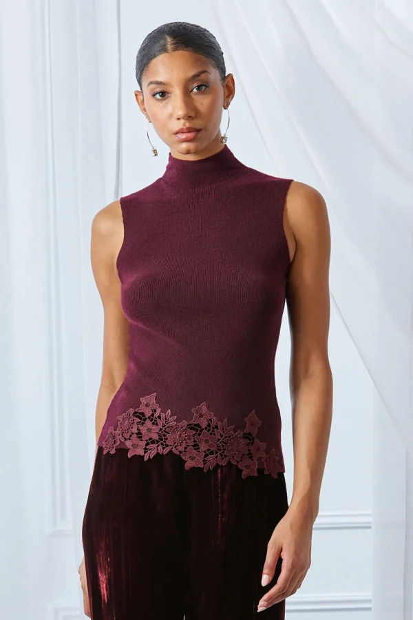 Elie Tahari Tops & Sweaters-Mock Neck Lace Hem Sleeveless Sweater