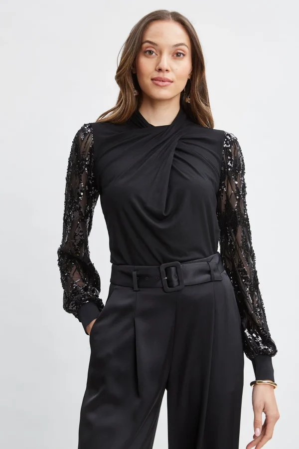 Elie Tahari Tops & Sweaters-Sequin Sleeve Twist Neck Knit