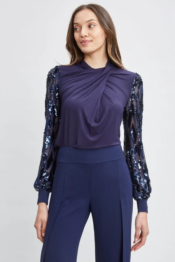 Elie Tahari Tops & Sweaters-Sequin Sleeve Twist Neck Knit