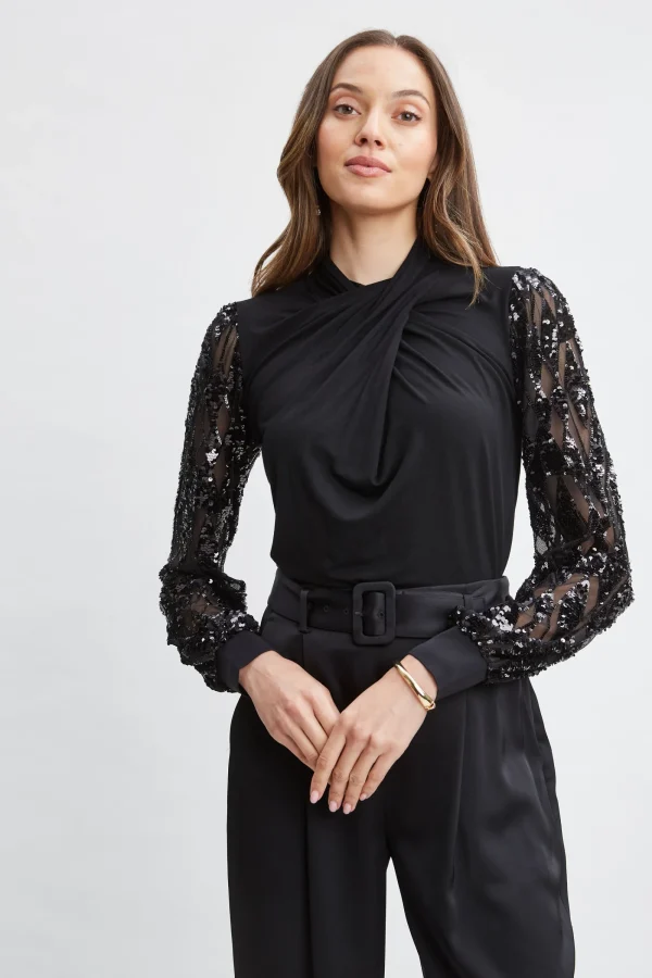 Elie Tahari Tops & Sweaters-Sequin Sleeve Twist Neck Knit