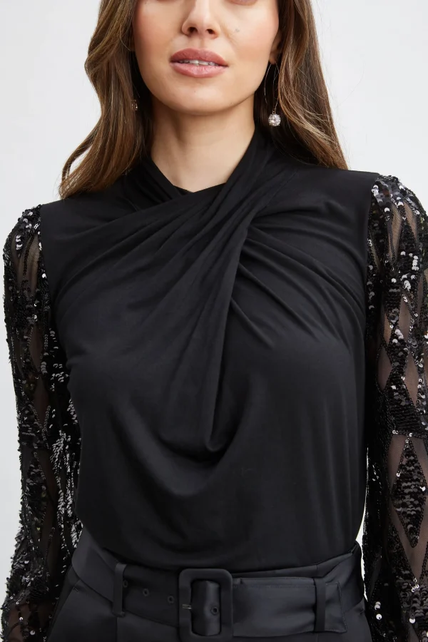 Elie Tahari Tops & Sweaters-Sequin Sleeve Twist Neck Knit