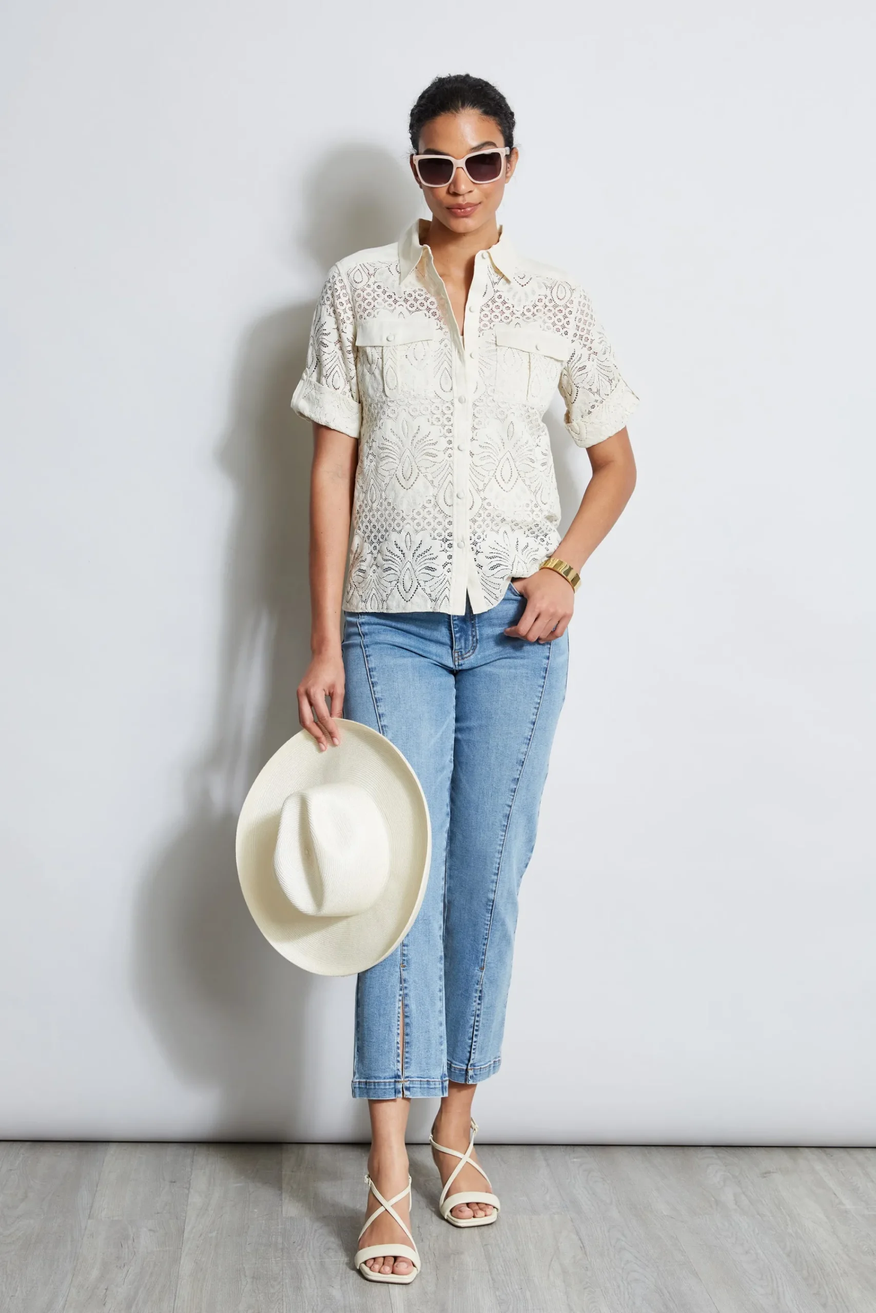 short_sleeve_lace_utility_2.webp Elie Tahari Tops & Sweaters-Short Sleeve Lace Utility Shirt