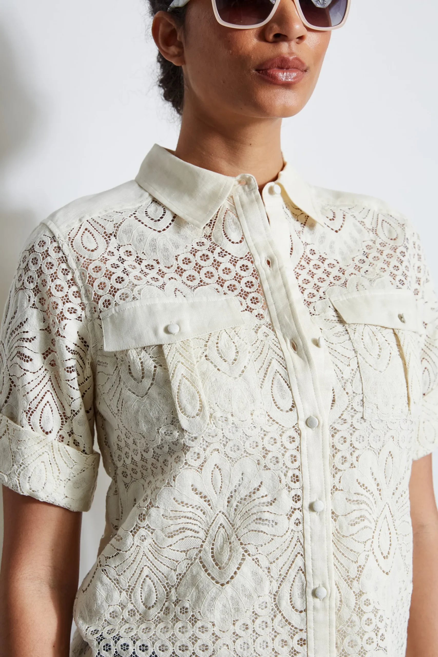 short_sleeve_lace_utility_3.webp Elie Tahari Tops & Sweaters-Short Sleeve Lace Utility Shirt