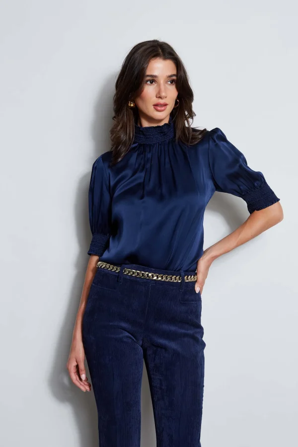 Elie Tahari Tops & Sweaters | Suiting-Short Sleeve Silk Satin Smocked Shirt