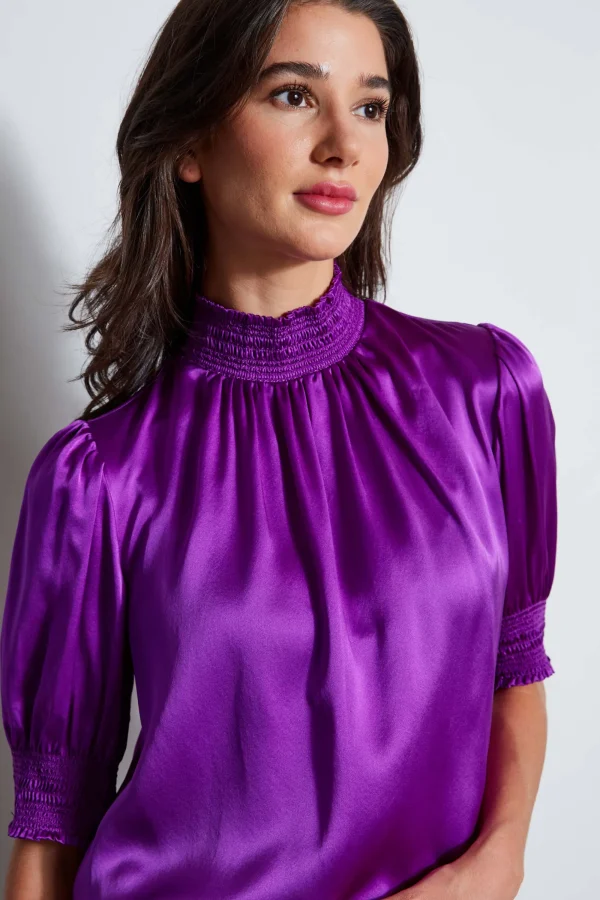 Elie Tahari Tops & Sweaters | Suiting-Short Sleeve Silk Satin Smocked Shirt