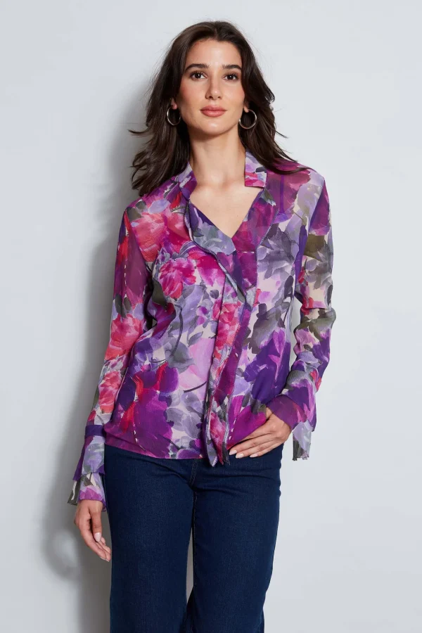 Elie Tahari Tops & Sweaters-Silk Chiffon Tossed Floral Ruffle Shirt