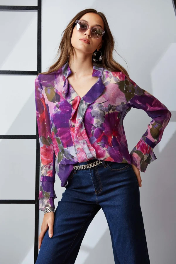 Elie Tahari Tops & Sweaters-Silk Chiffon Tossed Floral Ruffle Shirt