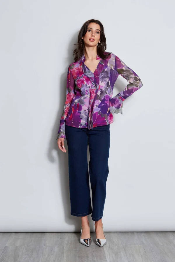 Elie Tahari Tops & Sweaters-Silk Chiffon Tossed Floral Ruffle Shirt