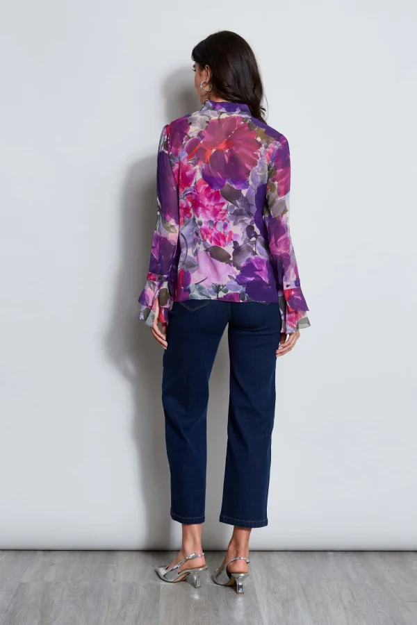 Elie Tahari Tops & Sweaters-Silk Chiffon Tossed Floral Ruffle Shirt