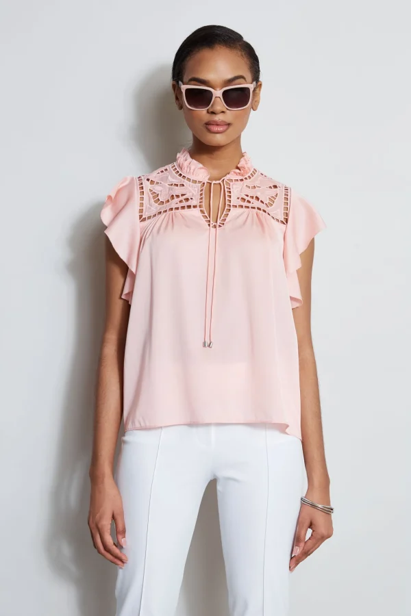 Elie Tahari Tops & Sweaters-Silk Embroidered Flutter Sleeve Shirt