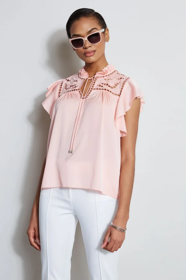 Elie Tahari Tops & Sweaters-Silk Embroidered Flutter Sleeve Shirt