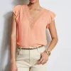 Elie Tahari Tops & Sweaters-Silk Flutter Sleeve Embroidered Shirt