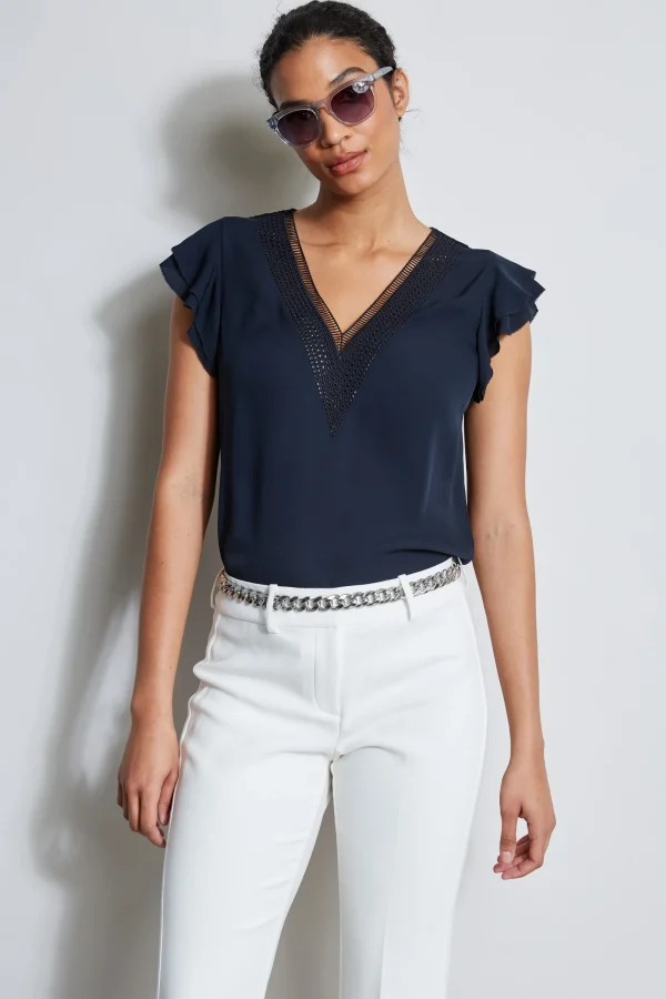 Elie Tahari Tops & Sweaters-Silk Flutter Sleeve Embroidered Shirt