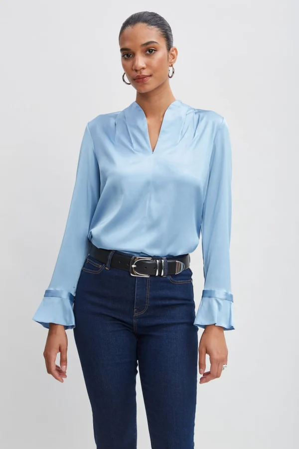 Elie Tahari Tops & Sweaters-Silk Satin Contour Neck Ruffle Cuff Shirt