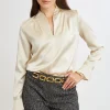 Elie Tahari Tops & Sweaters | Suiting-Silk Satin Contour Neck Ruffle Cuff Shirt