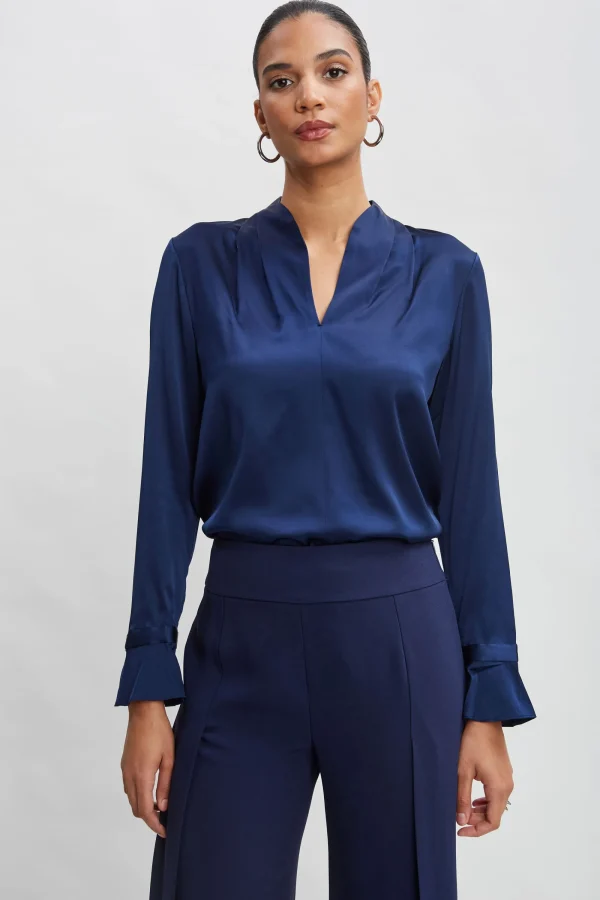 Elie Tahari Tops & Sweaters-Silk Satin Contour Neck Ruffle Cuff Shirt