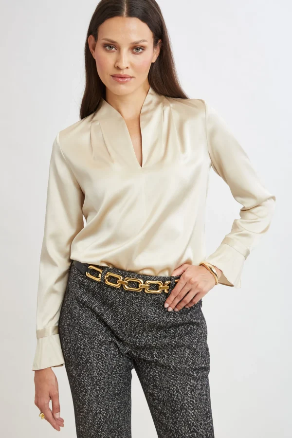 Elie Tahari Tops & Sweaters | Suiting-Silk Satin Contour Neck Ruffle Cuff Shirt