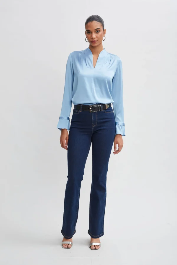 Elie Tahari Tops & Sweaters-Silk Satin Contour Neck Ruffle Cuff Shirt