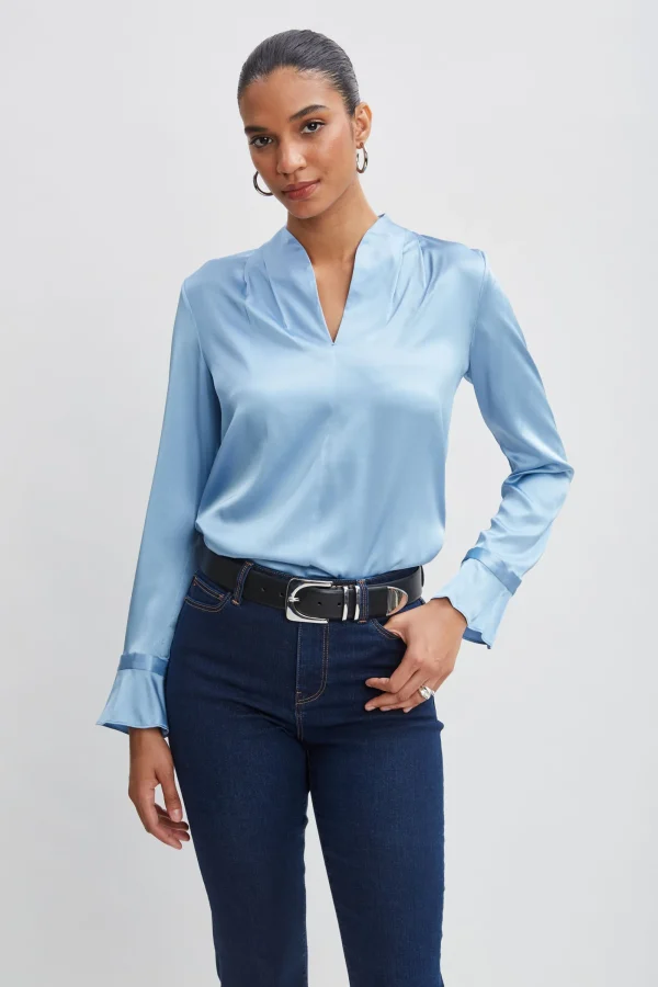 Elie Tahari Tops & Sweaters-Silk Satin Contour Neck Ruffle Cuff Shirt