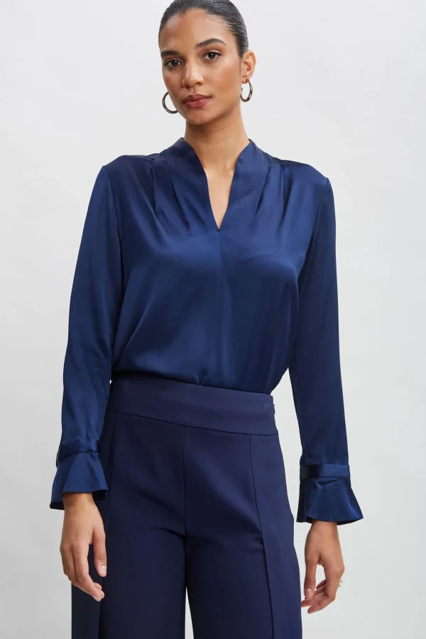 Elie Tahari Tops & Sweaters-Silk Satin Contour Neck Ruffle Cuff Shirt