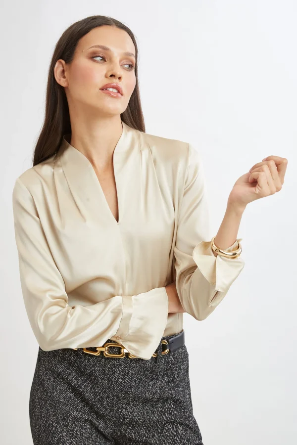 Elie Tahari Tops & Sweaters | Suiting-Silk Satin Contour Neck Ruffle Cuff Shirt