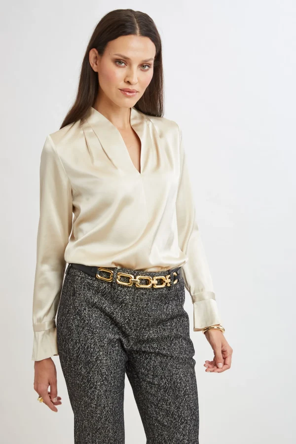 Elie Tahari Tops & Sweaters | Suiting-Silk Satin Contour Neck Ruffle Cuff Shirt