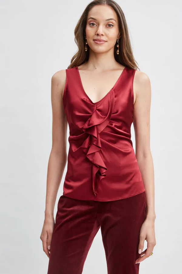 Elie Tahari Tops & Sweaters-Silk Satin Sleeveless Ruffle Top