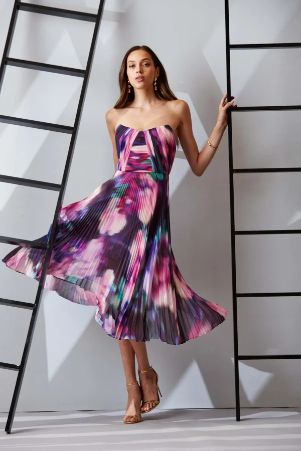 Elie Tahari Dresses & Jumpsuits | Sleeveless Dresses-Strapless Pleated Print Midi Dress