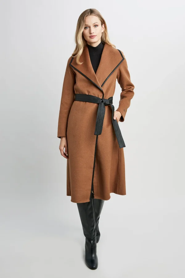 Elie Tahari Coats-Tahari Double Face Wool Vegan Leather Trim Coat