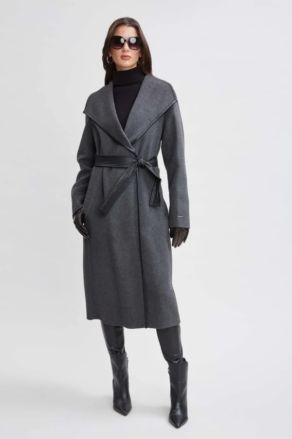 Elie Tahari Coats-Tahari Double Face Wool Vegan Leather Trim Coat