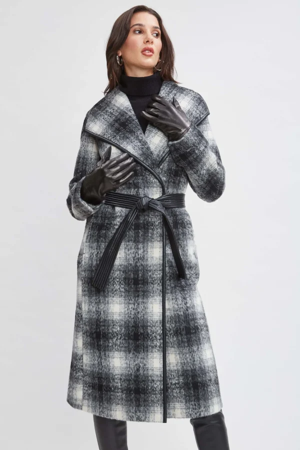 Elie Tahari Coats-Tahari Plaid Vegan Trim Wrap Coat