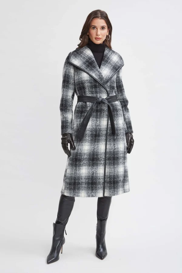 Elie Tahari Coats-Tahari Plaid Vegan Trim Wrap Coat