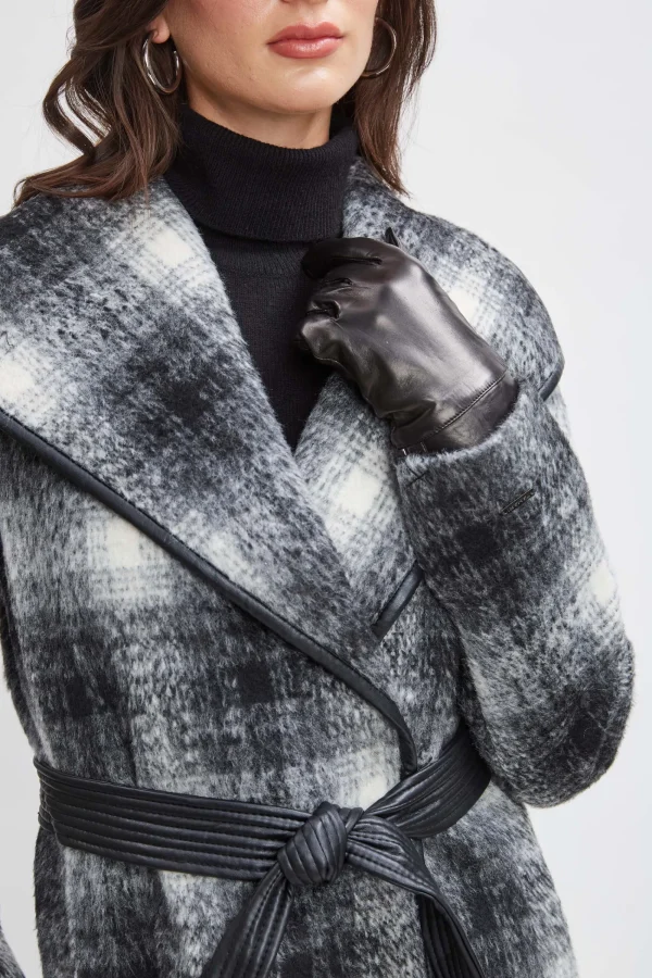 Elie Tahari Coats-Tahari Plaid Vegan Trim Wrap Coat