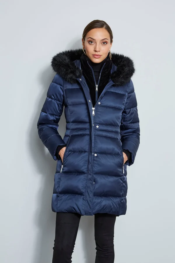 Elie Tahari Coats-Tahari Stitched Faux Fur Hood Puffer Coat