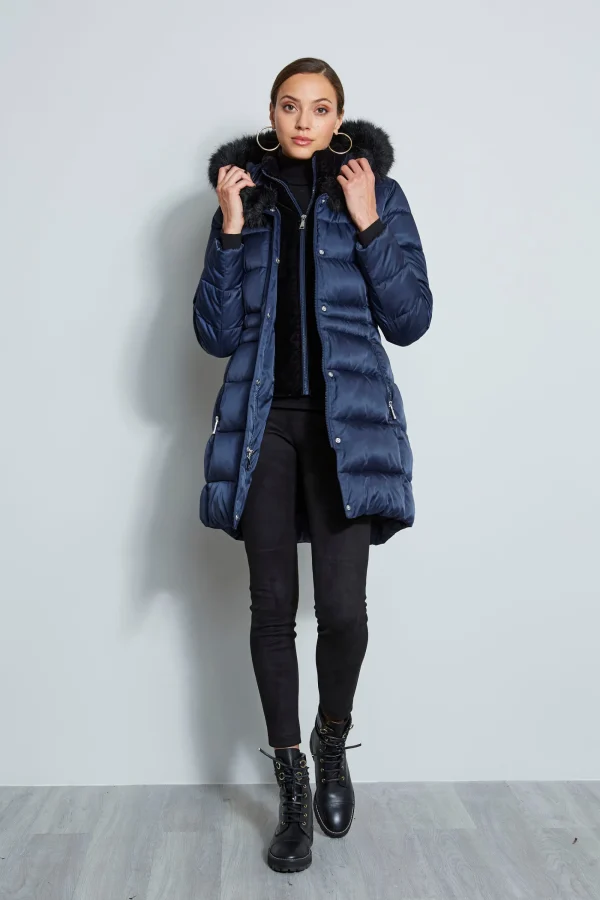 Elie Tahari Coats-Tahari Stitched Faux Fur Hood Puffer Coat