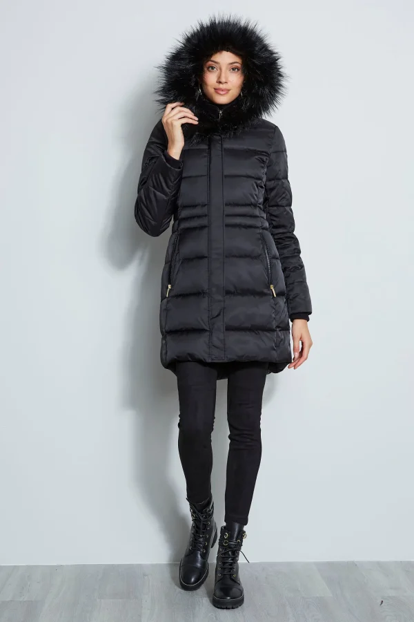 Elie Tahari Coats-Tahari Stitched Faux Fur Hood Puffer Coat