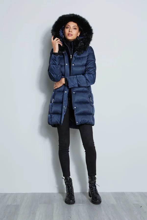 Elie Tahari Coats-Tahari Stitched Faux Fur Hood Puffer Coat