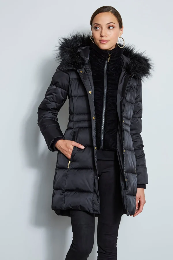 Elie Tahari Coats-Tahari Stitched Faux Fur Hood Puffer Coat