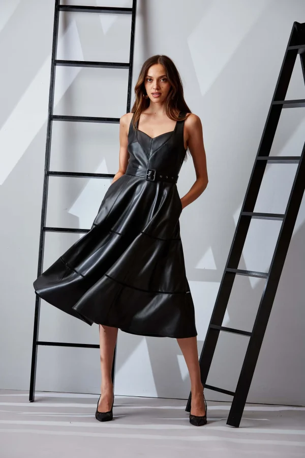 Elie Tahari Dresses & Jumpsuits | Sleeveless Dresses-Vegan Leather Fit & Flare Dress