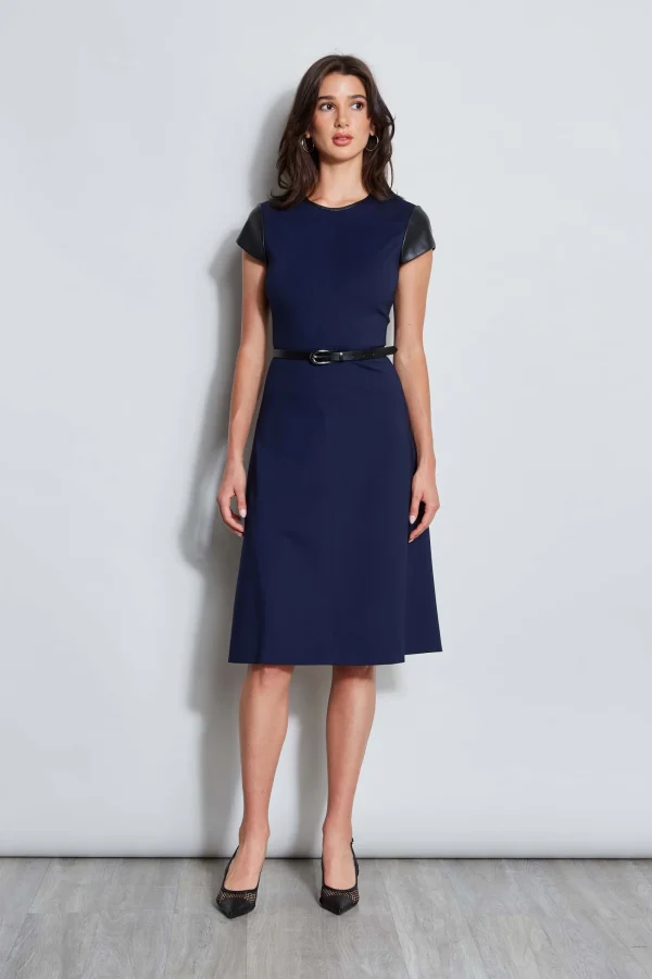 Elie Tahari Dresses & Jumpsuits | Suiting-Vegan Leather Short Sleeve Belted Knit Dress