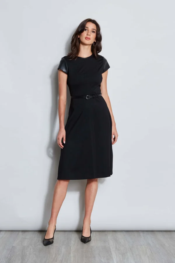 Elie Tahari Dresses & Jumpsuits | Suiting-Vegan Leather Short Sleeve Belted Knit Dress