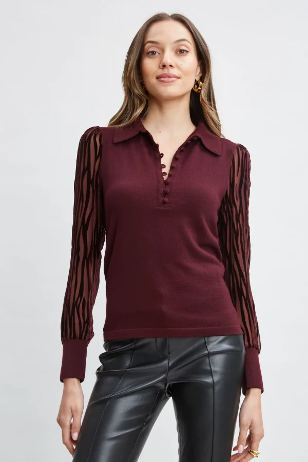 Elie Tahari Tops & Sweaters-Velvet Burnout Sleeve Polo Sweater