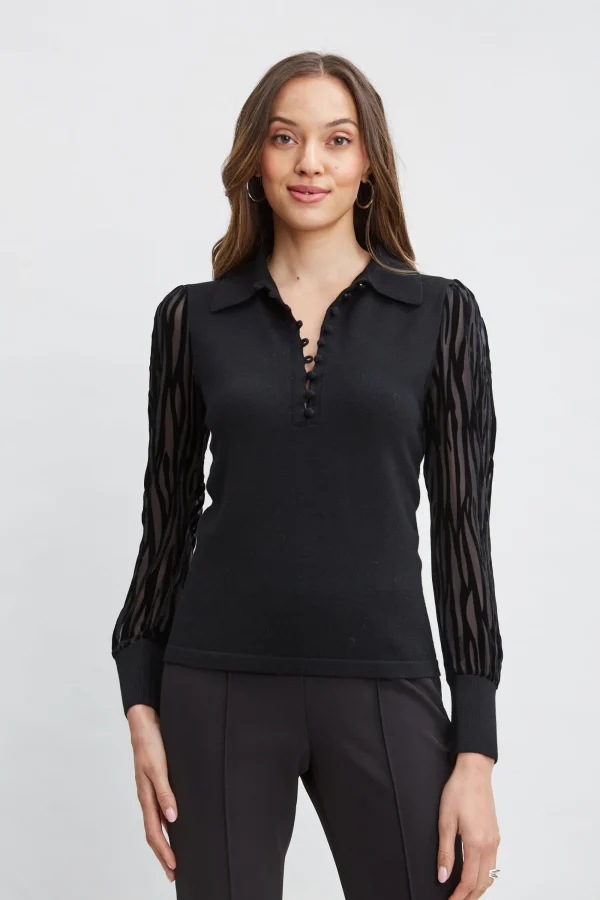 Elie Tahari Tops & Sweaters-Velvet Burnout Sleeve Polo Sweater