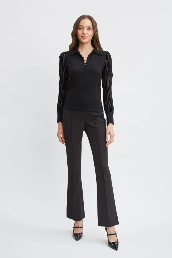 Elie Tahari Tops & Sweaters-Velvet Burnout Sleeve Polo Sweater