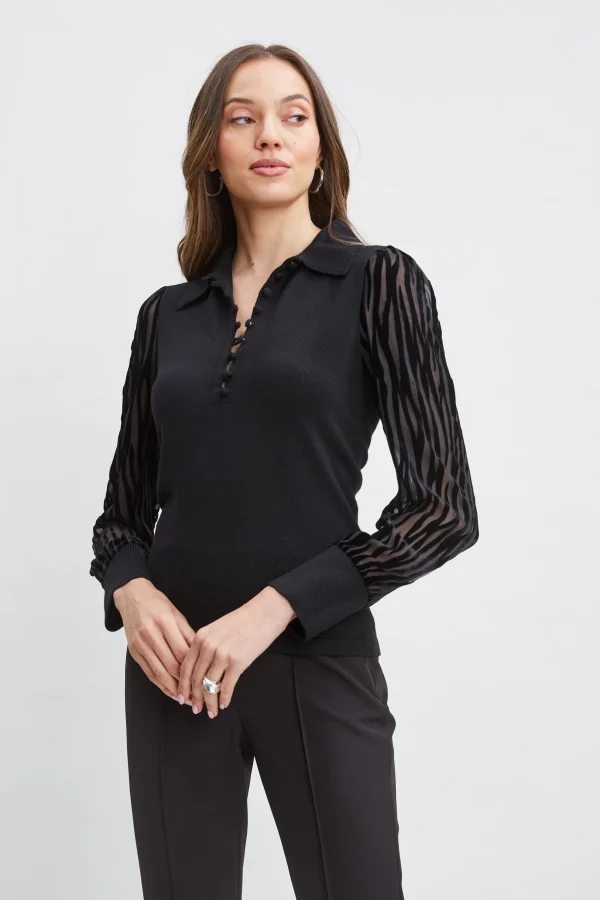 Elie Tahari Tops & Sweaters-Velvet Burnout Sleeve Polo Sweater